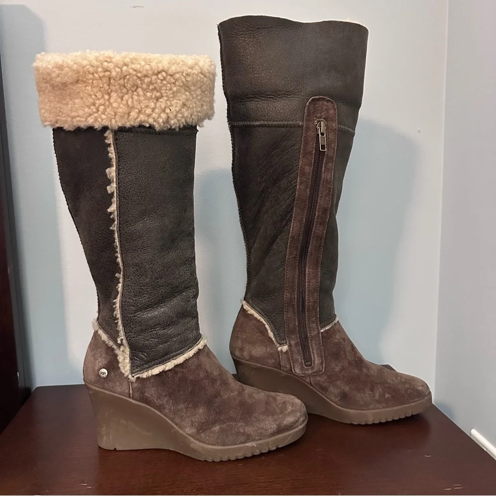 UGG Brown Sandra Leather and Shearling Wedge Knee-High Boots, Sz 9 - Picture 1 of 13